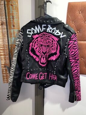 AKIRA Black Faux Leather Jacket with Hot Pink Tiger Patch & Zebra Sleeves